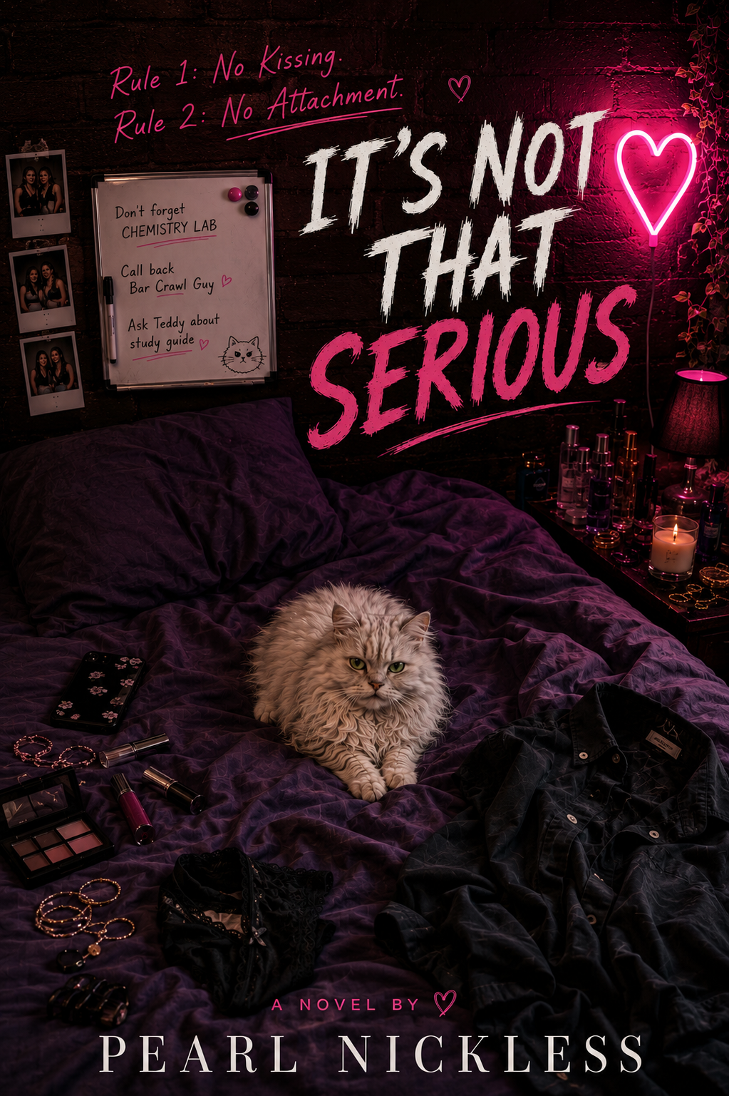 Cover of It's Not That Serious by Pearl Nickless, featuring a neon pink heart above a purple bed with a fluffy cat